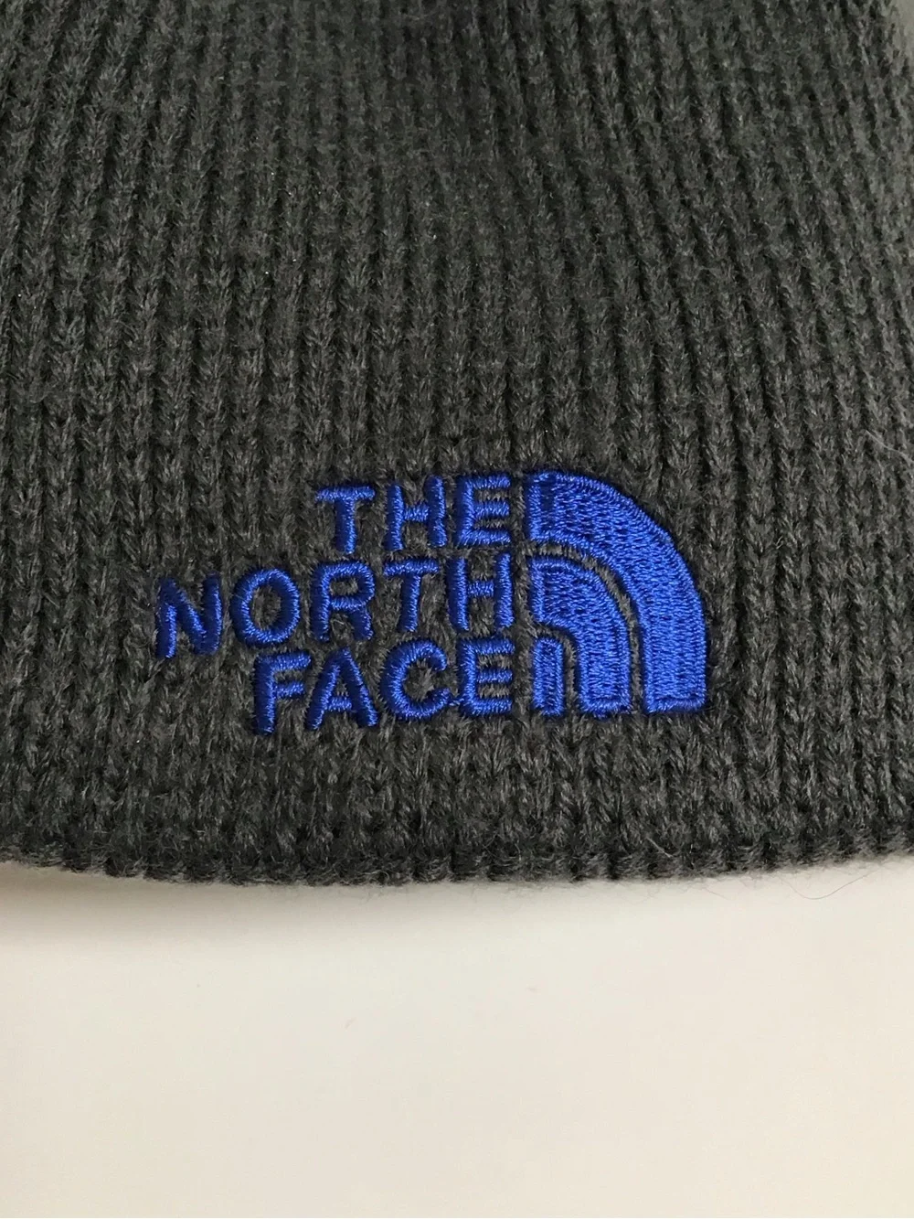 The North Face Beanie Hat Youth/Junior Medium Gray Cobalt Blue Logo Fleece Liner